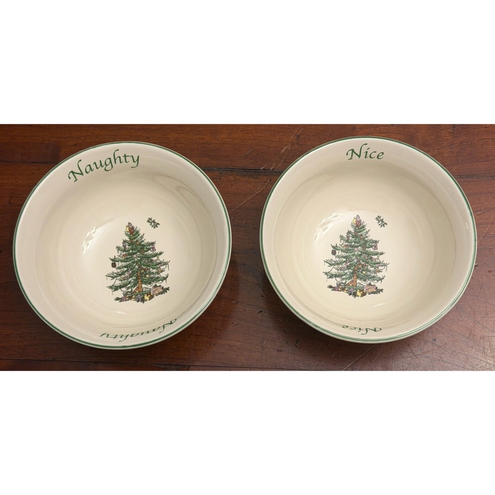 Spode Christmas Tree Naughty & Nice Dip Bowls Set of 2 Holiday Candy Dishes 4.5"